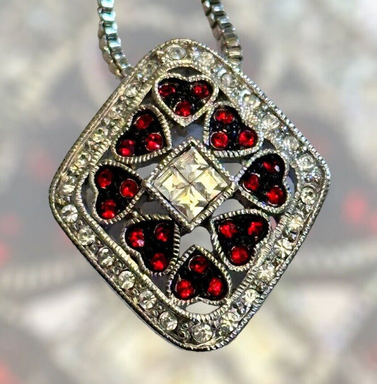Vintage Silver Tone Red Hearts Diamanté Pendant Necklace
