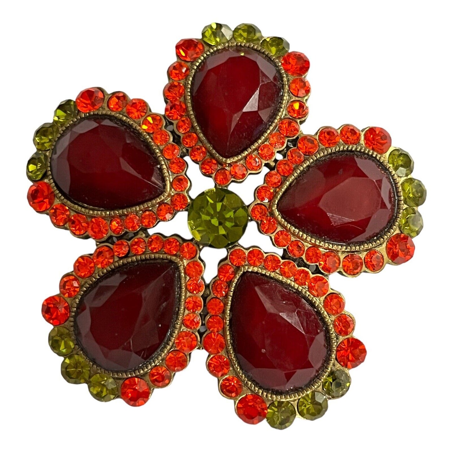 Vintage Red Green Diamanté Flower Statement Brooch