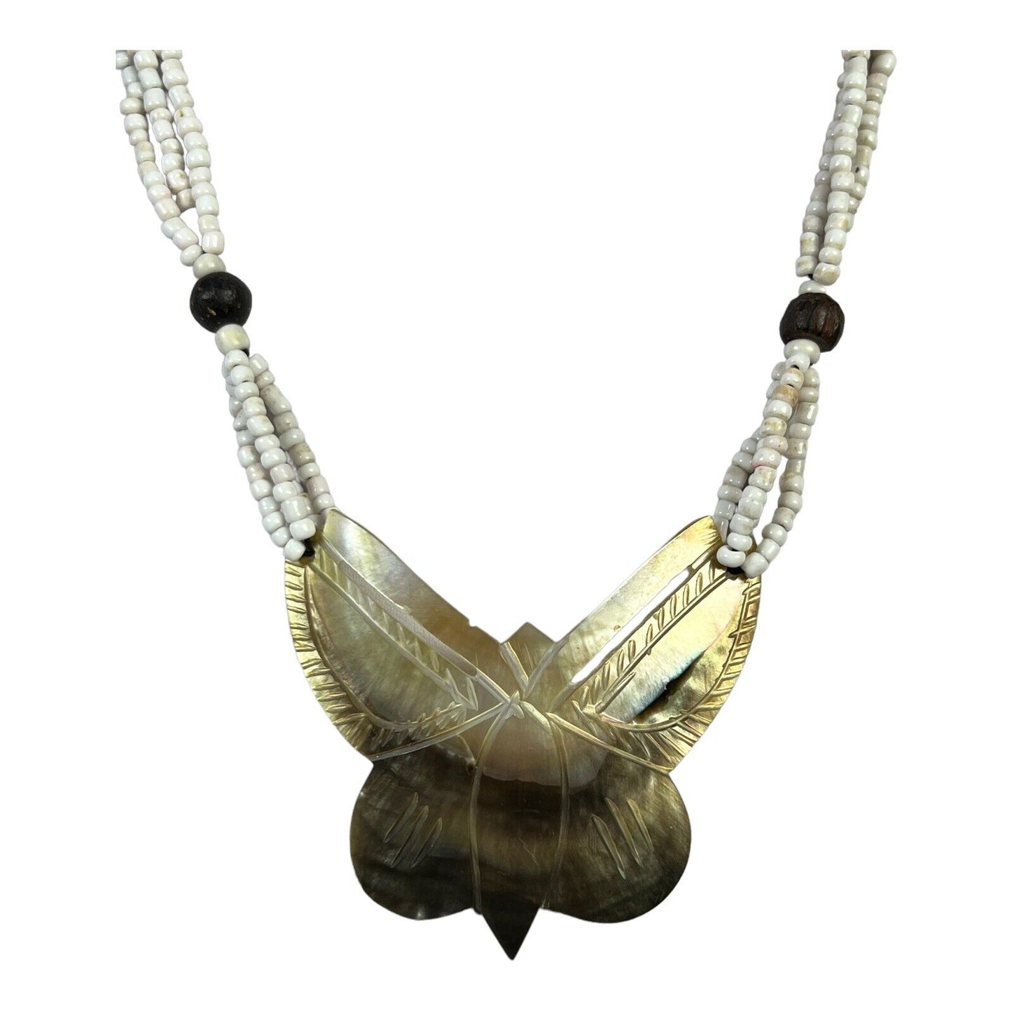 Vintage Mother Of Pearl Shell Carved Butterfly Beaded Necklace