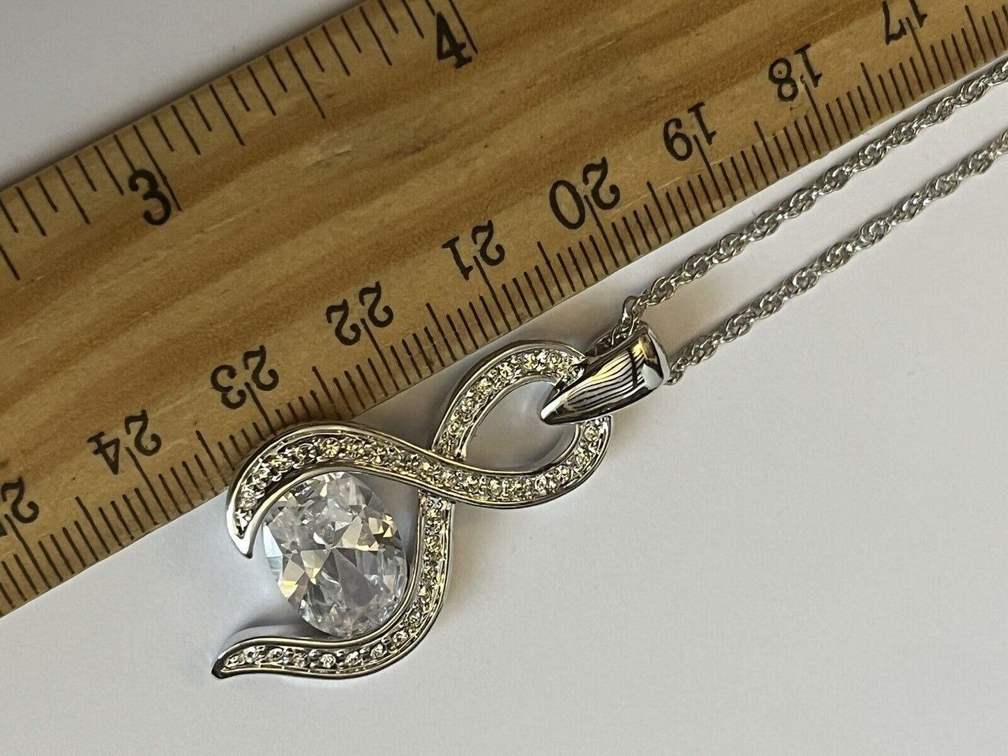Vintage 1980s Rhodium Plated Solitaire Crystal Necklace New Old Stock