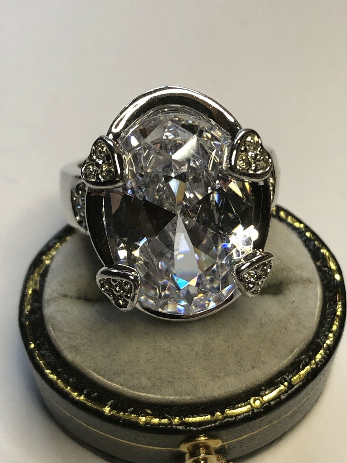 Vintage Rhodium Plated Oval Hearts Cubic Zirconia Statement Ring