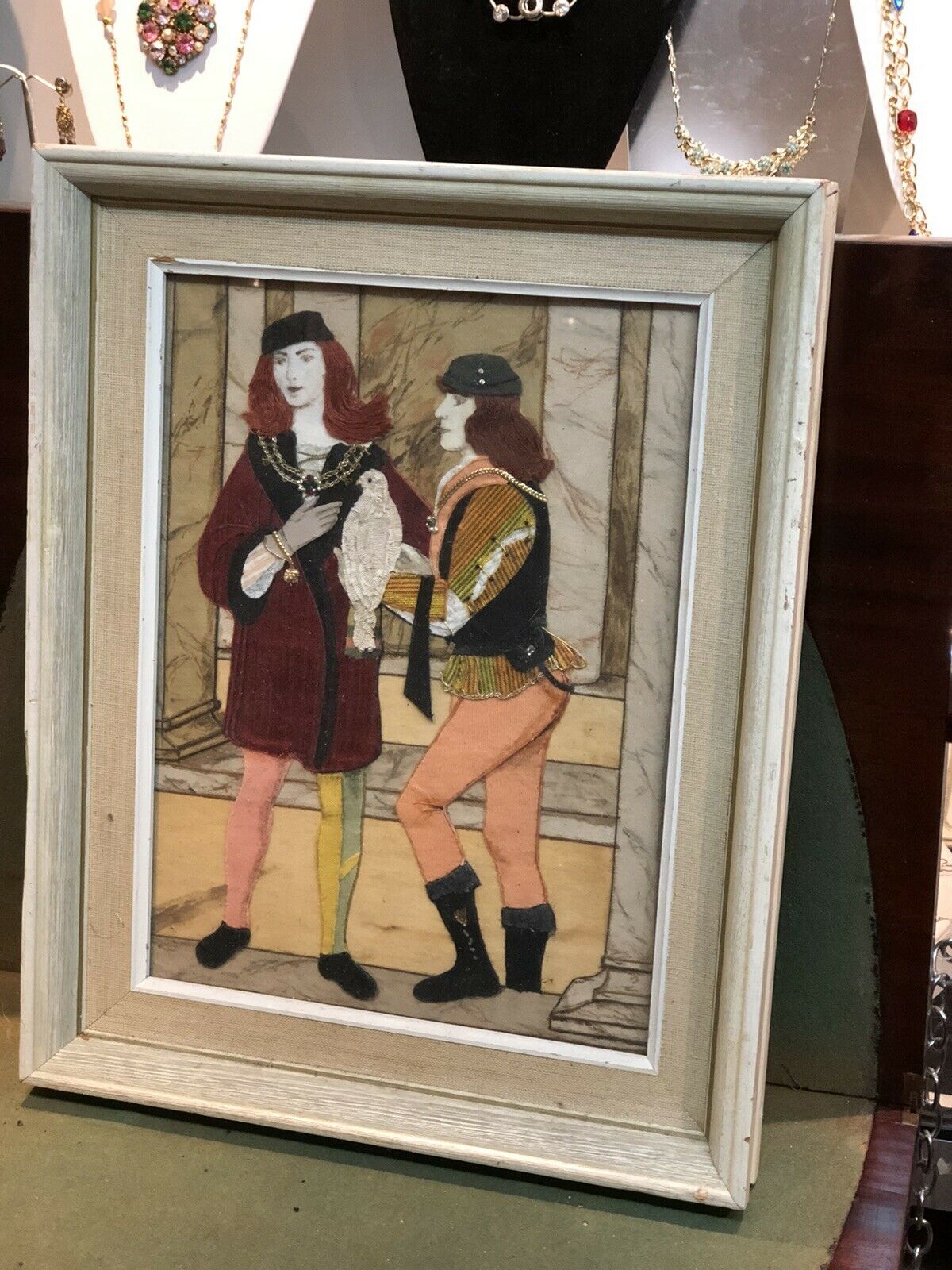 Framed Embroidery Of A Tudor Couple In Dress And Jewellery