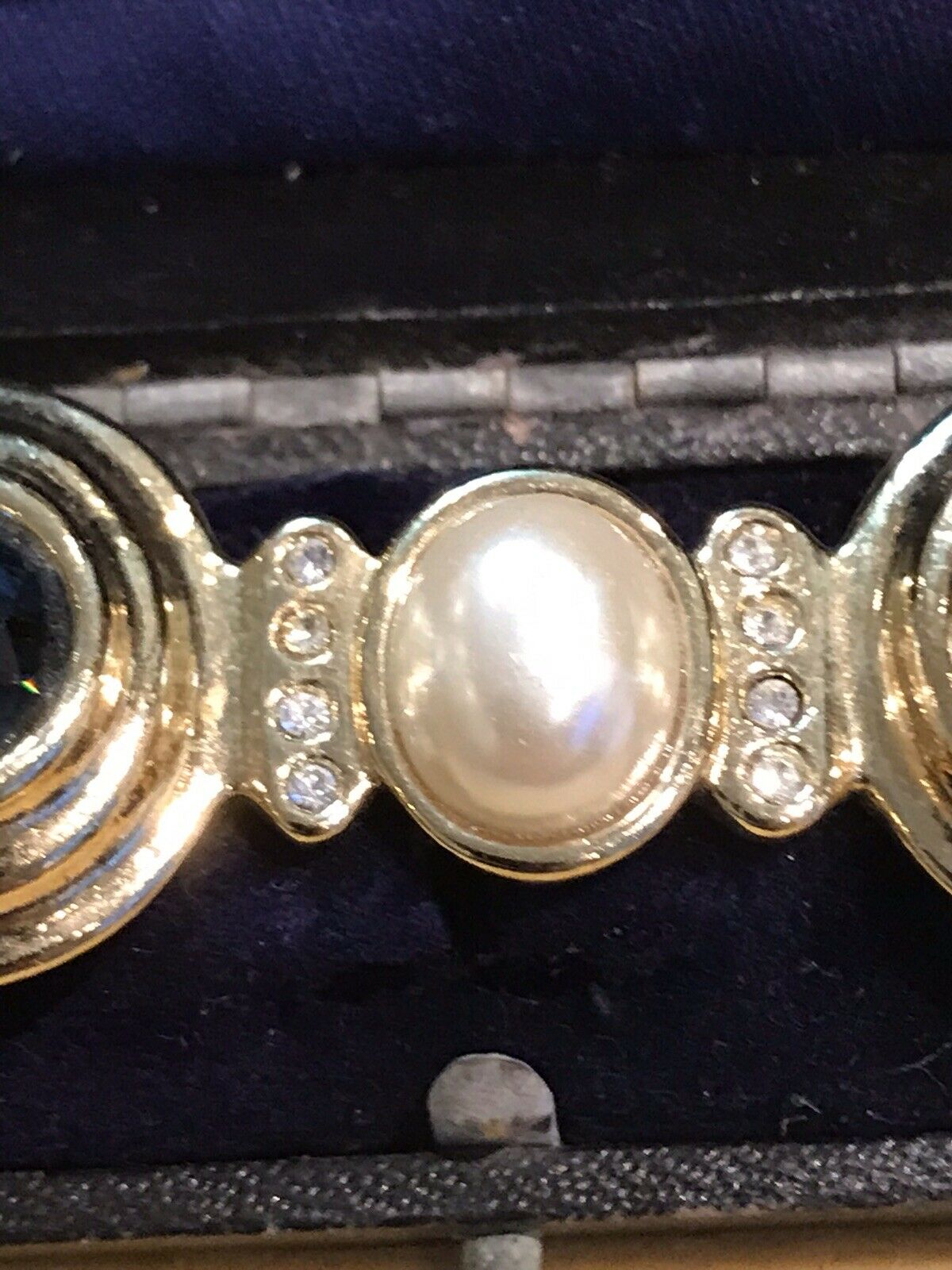 Vintage Faux Pearl Blue Diamanté Statement Brooch Designer