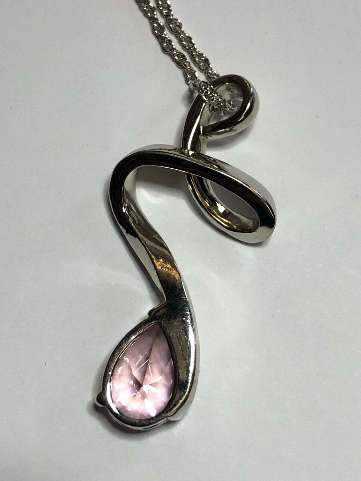Vintage 1980s Rhodium Plated Pink Teardrop Crystal Necklace New Old Stock