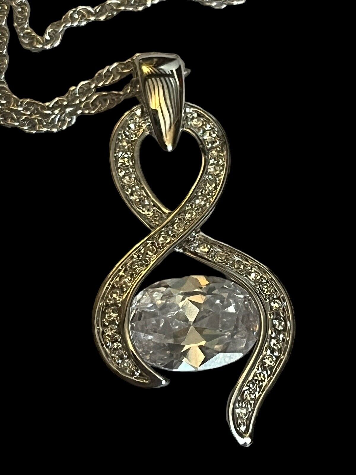 Vintage 1980s Rhodium Plated Solitaire Crystal Necklace New Old Stock