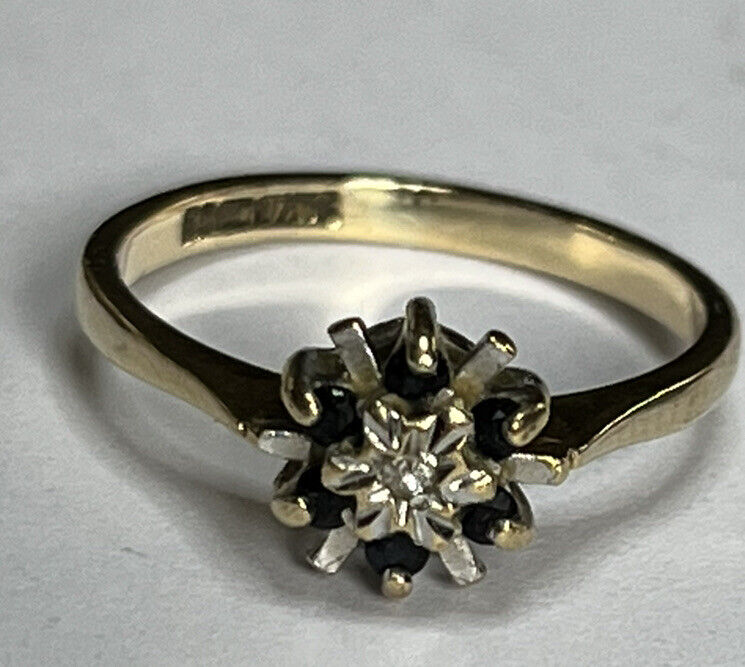 Vintage 9ct Gold Diamond Sapphire Snowflake Ring Size K