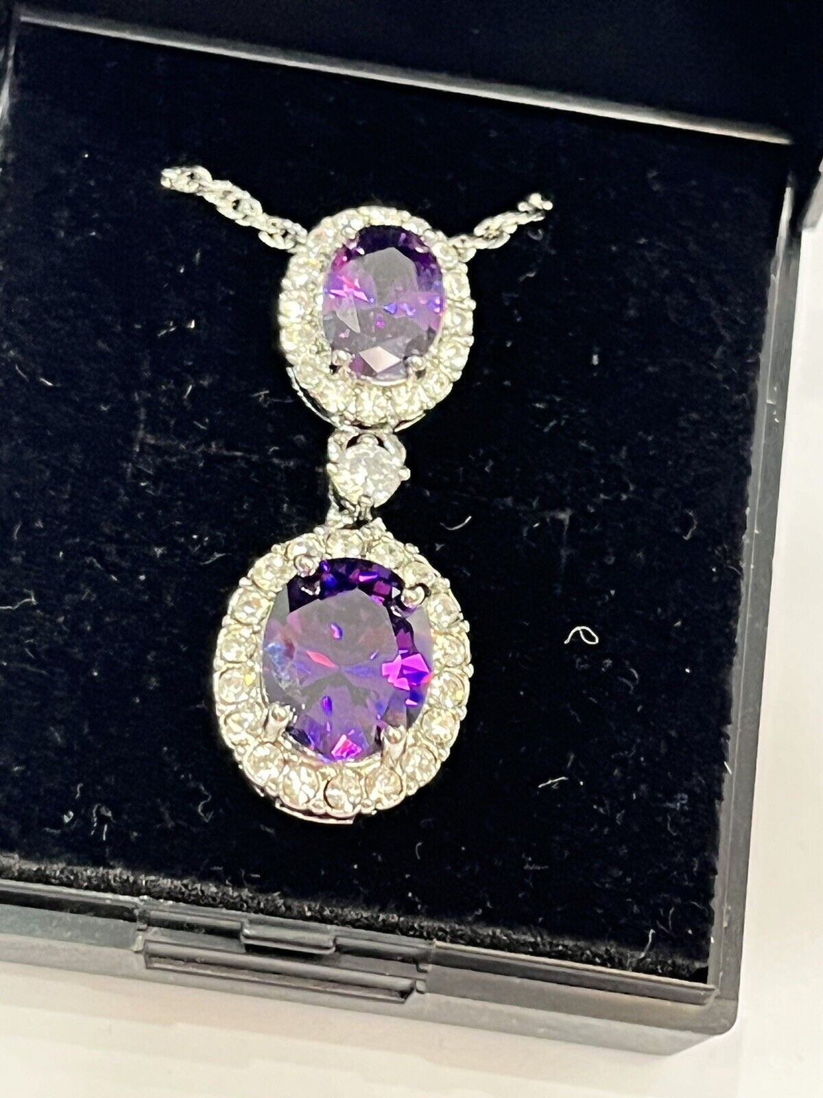 Vintage 1980s Rhodium Plated Purple Crystal Drop Necklace Boxed