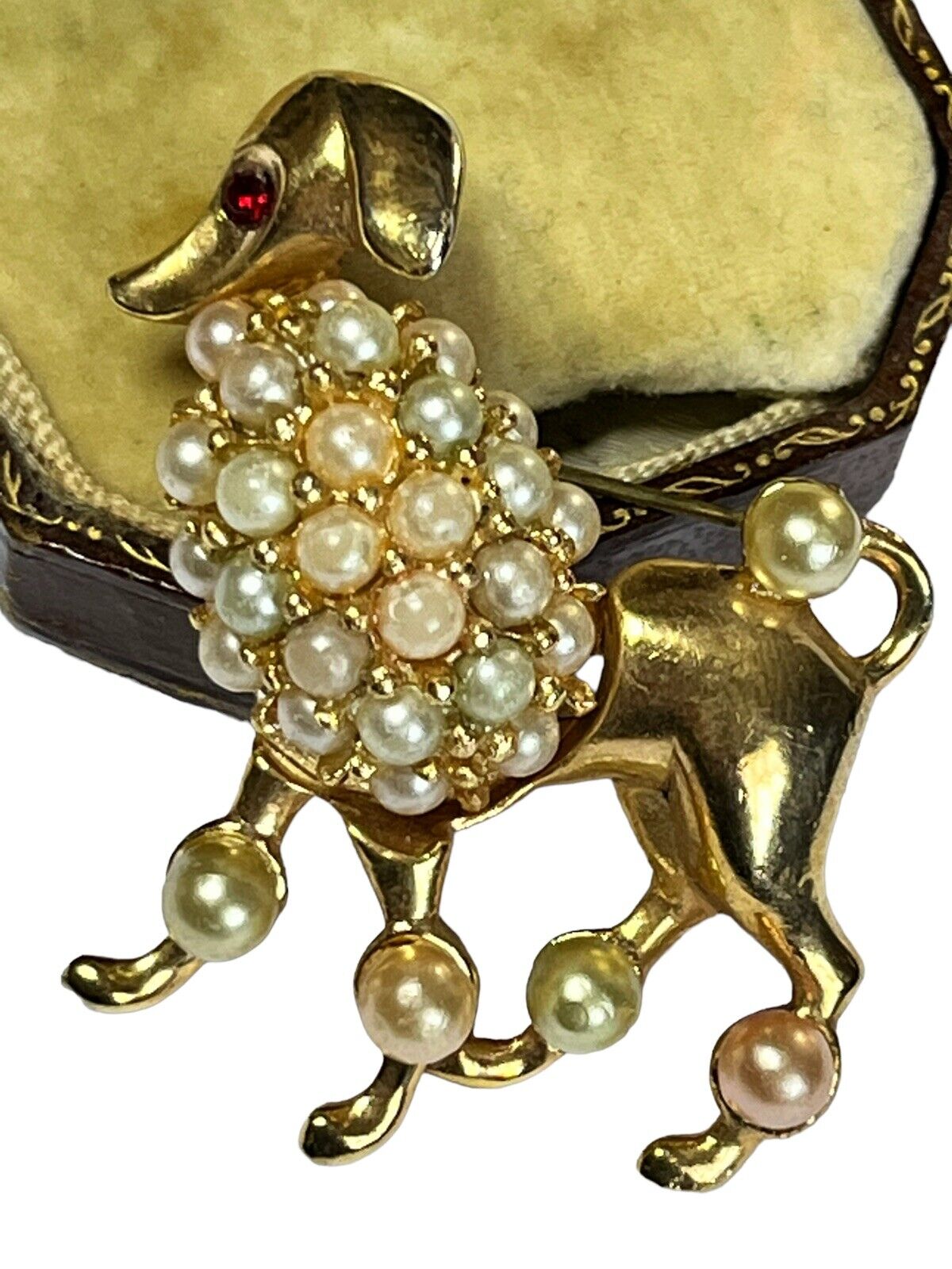 Vintage Gold Tone Faux Pearl Poodle Brooch
