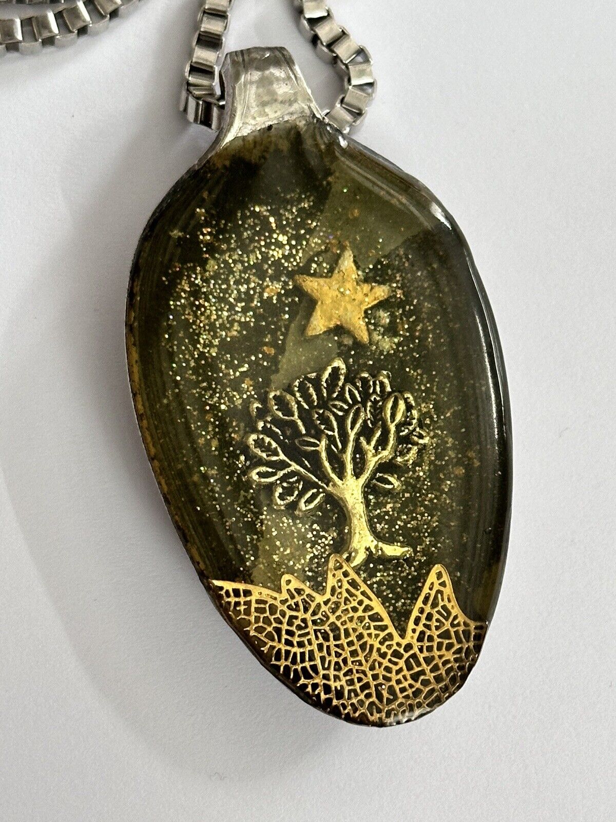 Vintage Spoon Filled Resin Tree Star Pendant Necklace