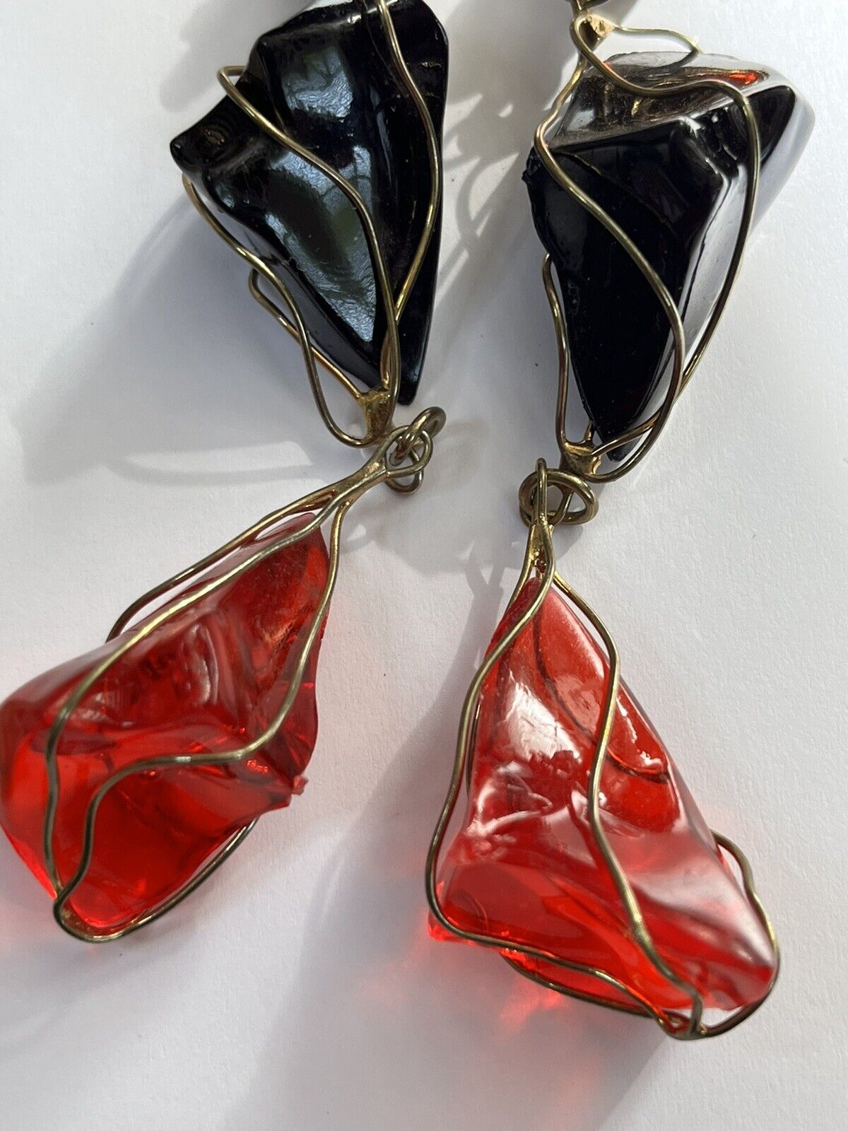 Vintage 1980s Black Red Acrylic Long Length Statement Earrings