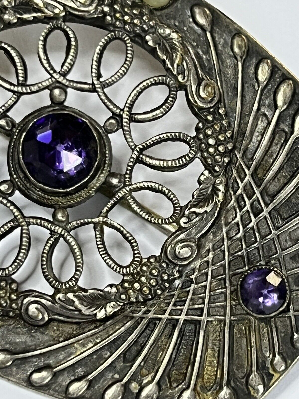 Vintage Silver Tone Purple Stone Faux Pearl Brooch