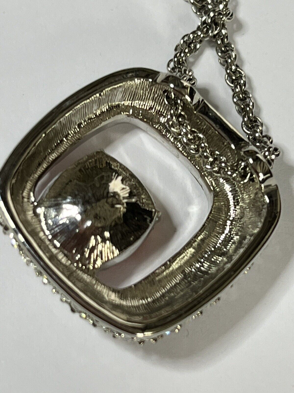 Vintage Signed 1980s Rhodium Plated Burnt Red Crystal Pendant Necklace