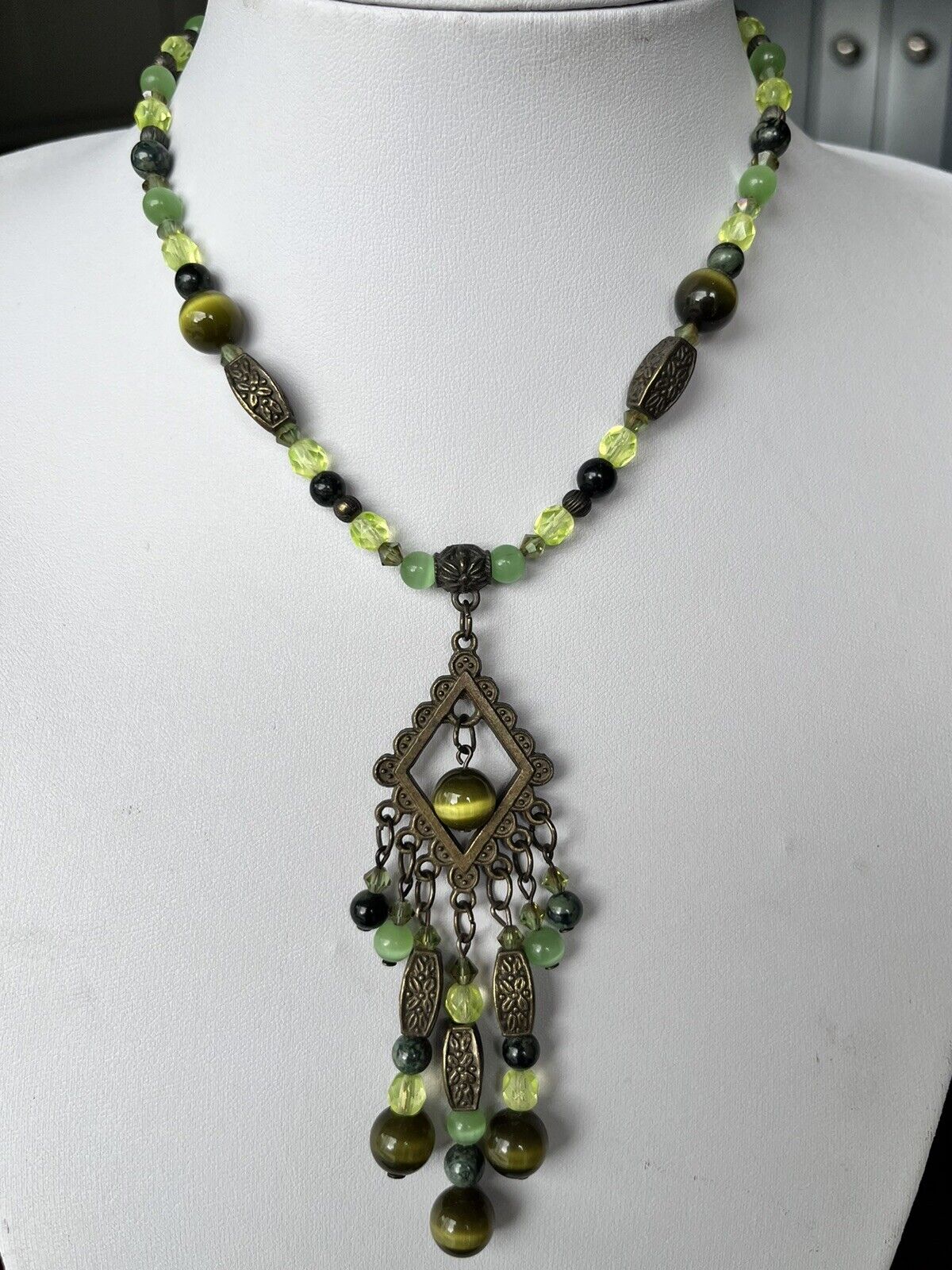 Vintage French Un Jour Ailleurs Green Beaded Necklace