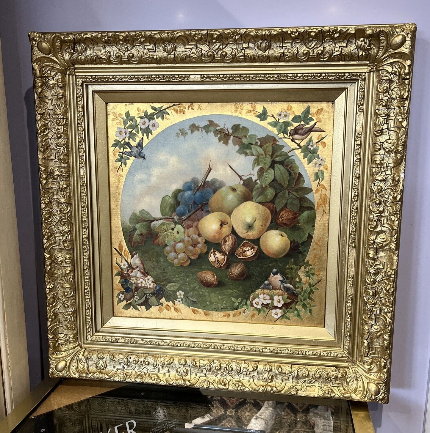 Antique Still Life Oil On Canvas, Signed &Dated, Max Winter, In Gold Gilt Frame.