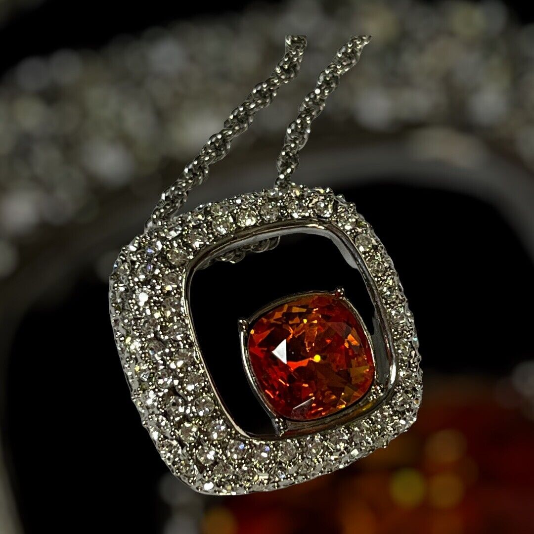Vintage Signed 1980s Rhodium Plated Burnt Red Crystal Pendant Necklace