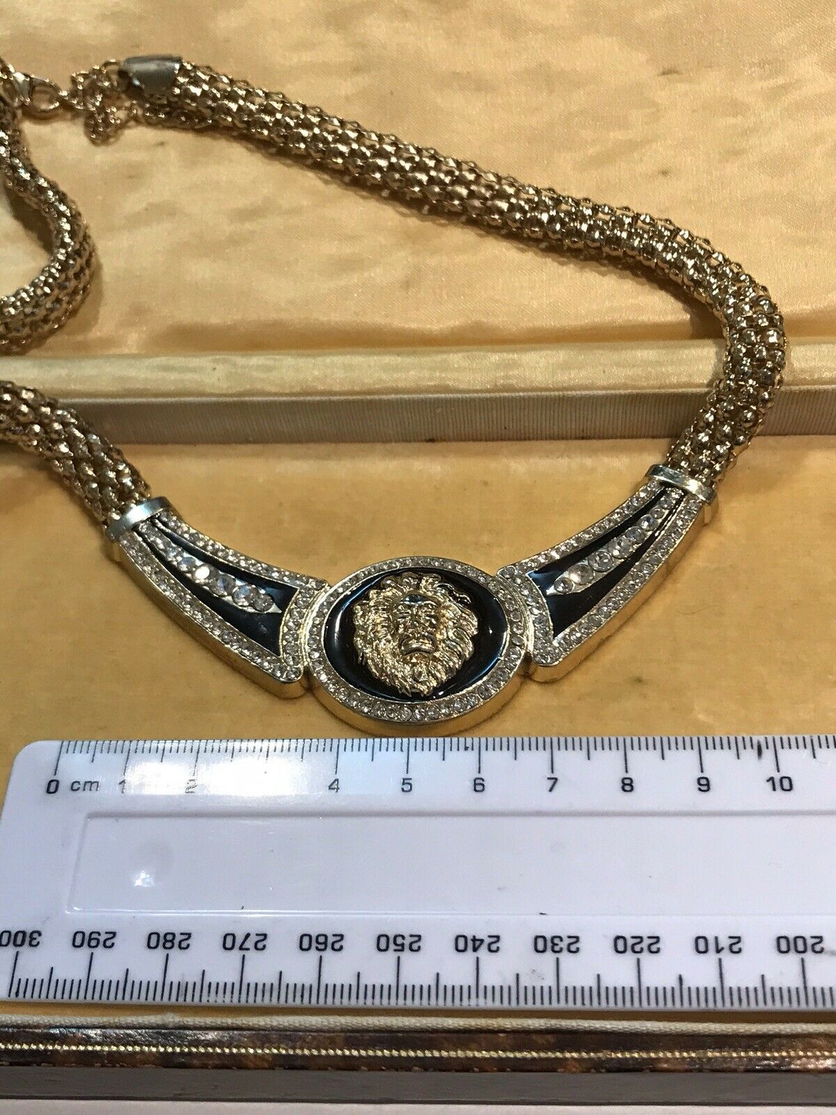 Vintage 1980s Lion Black Enamel Diamanté Necklace