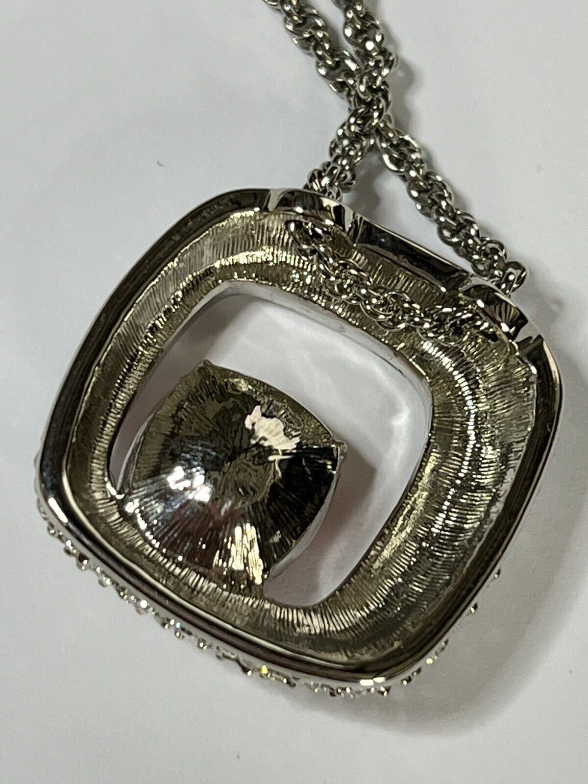 Vintage Signed 1980s Rhodium Plated Burnt Red Crystal Pendant Necklace