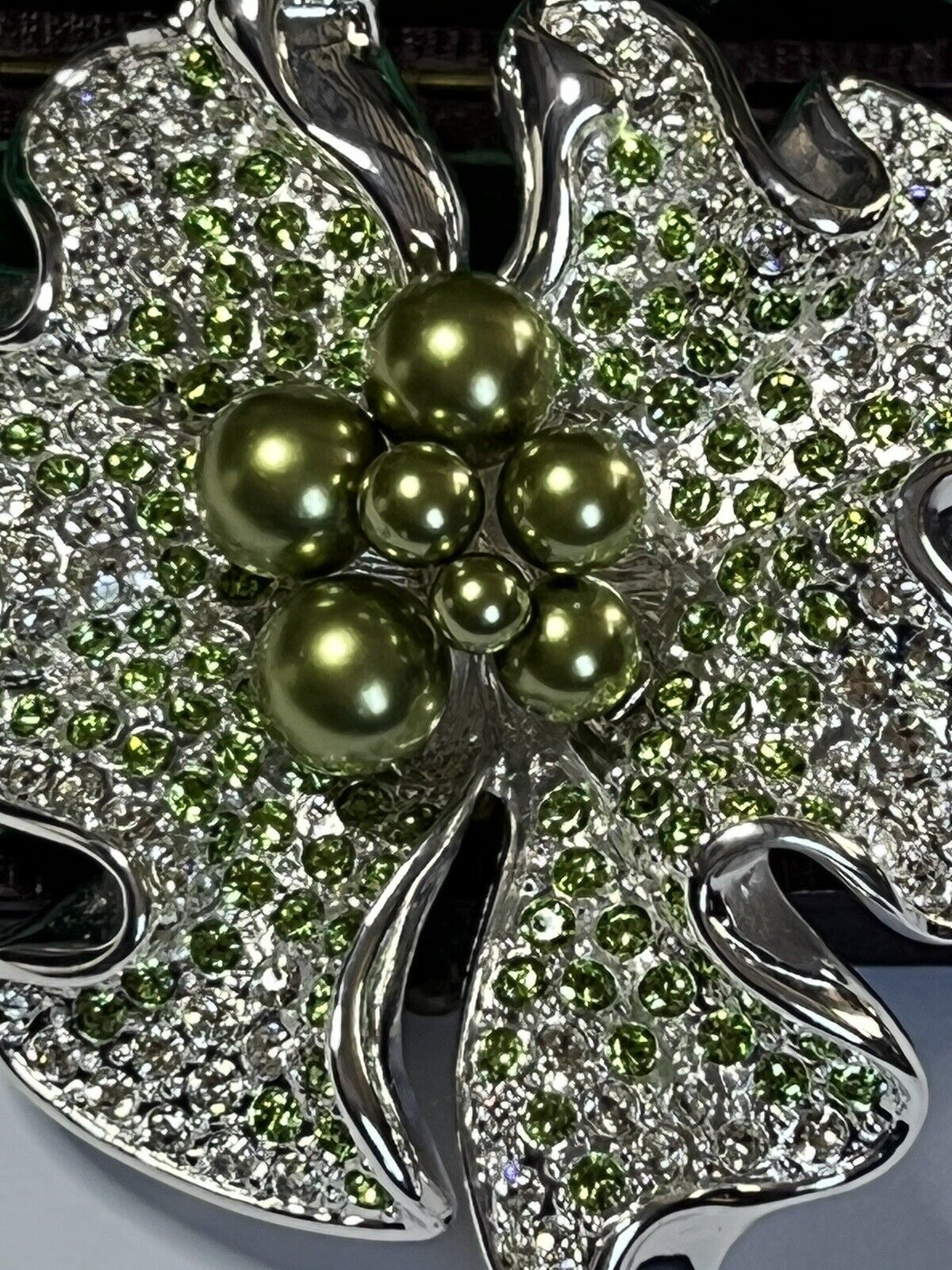 Vintage Statement Flower Rhodium Plated Green Faux Pearl And Diamanté Brooch