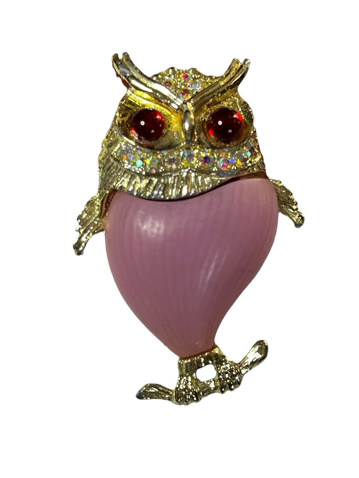 Vintage Gold Tone Pink Red Statement Owl Brooch