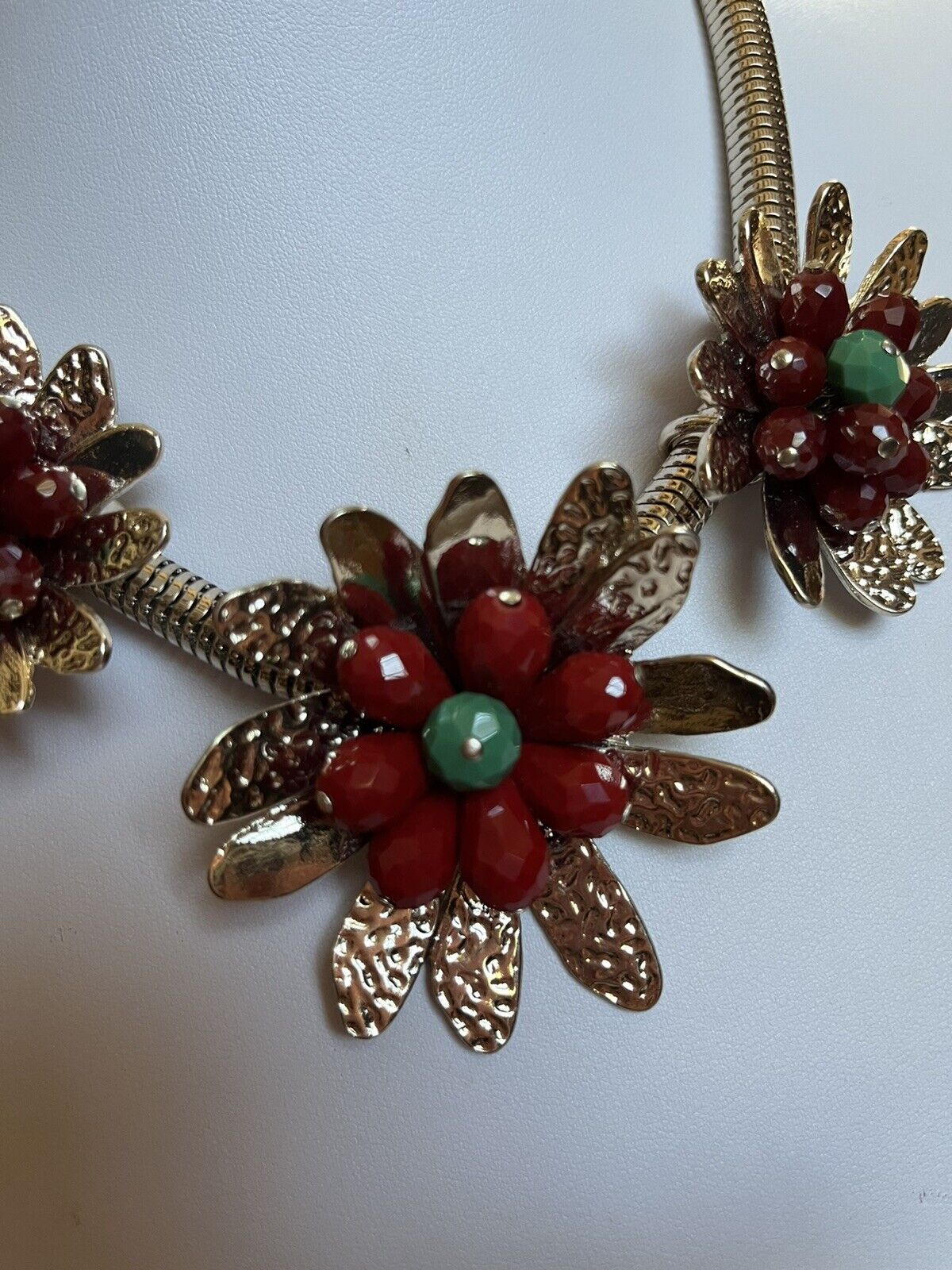 Vintage Statement 1980s Gold Tone Red Flowers Necklace