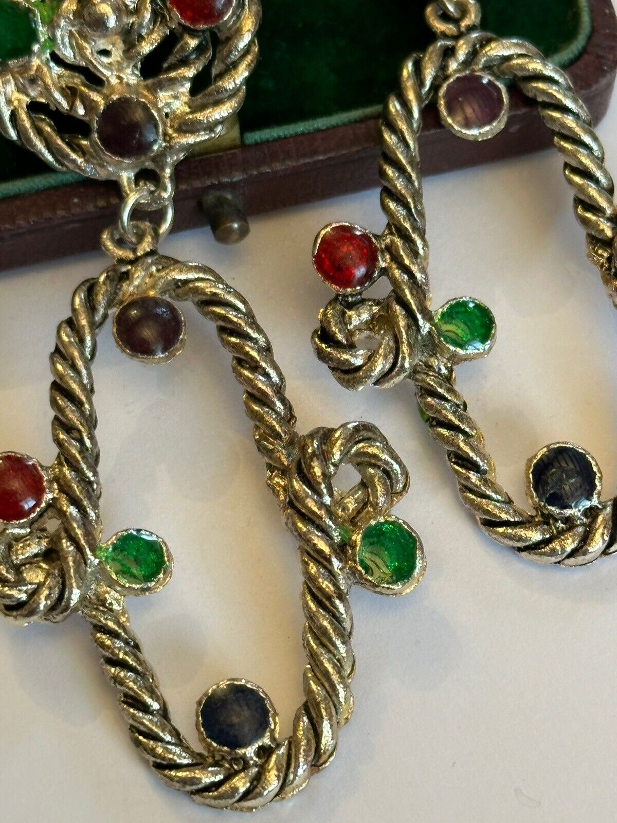 Vintage Silver Tone Statement Red Green Black Enamel Drop Earrings