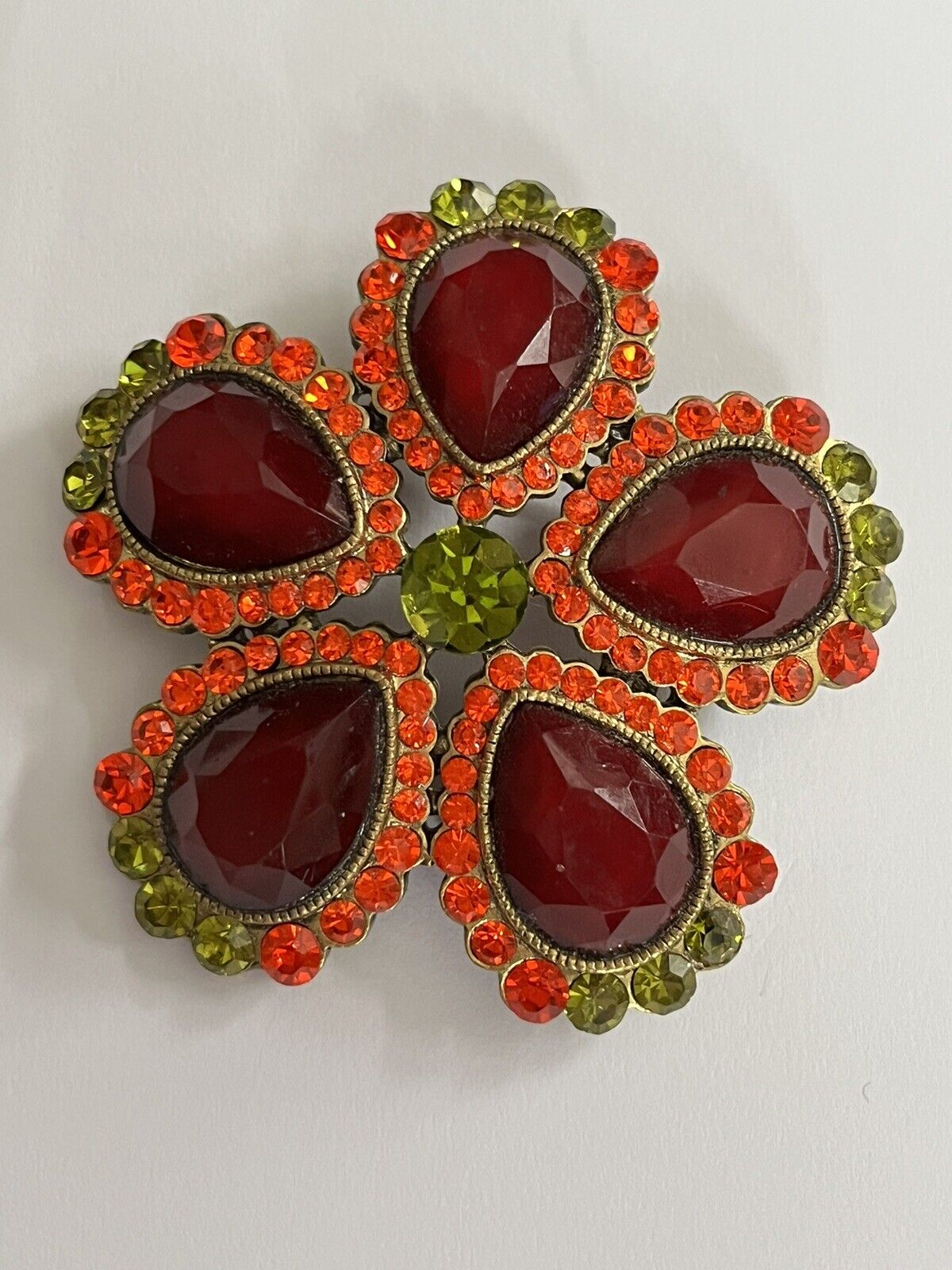 Vintage Red Green Diamanté Flower Statement Brooch