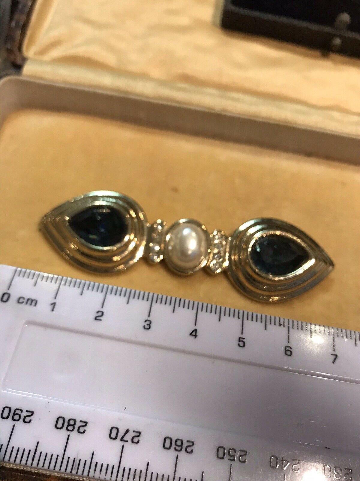 Vintage Faux Pearl Blue Diamanté Statement Brooch Designer
