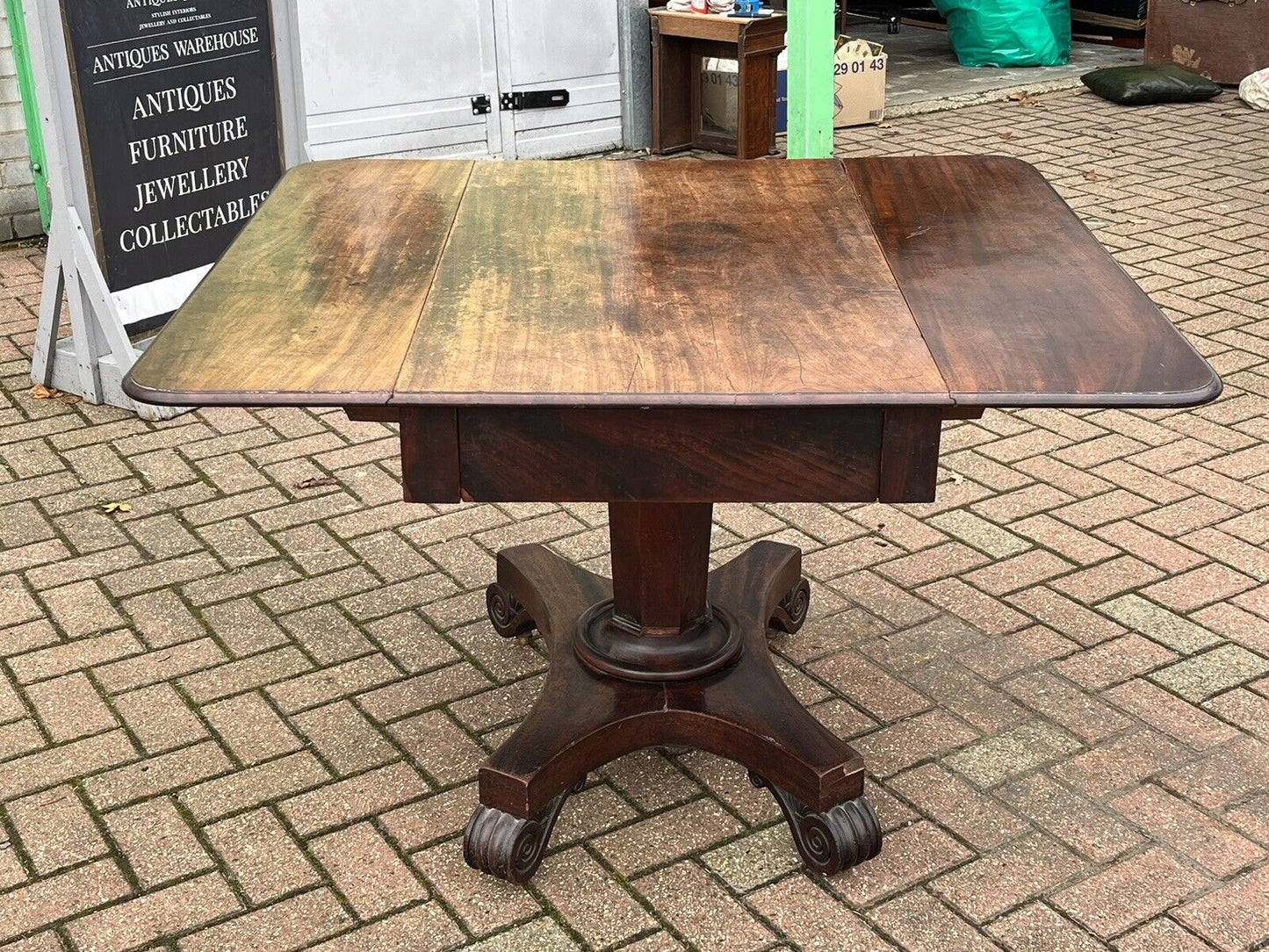 Antique Regency Mahogany Lamp / Sofa Table, Fold Down Flaps, Drawer.