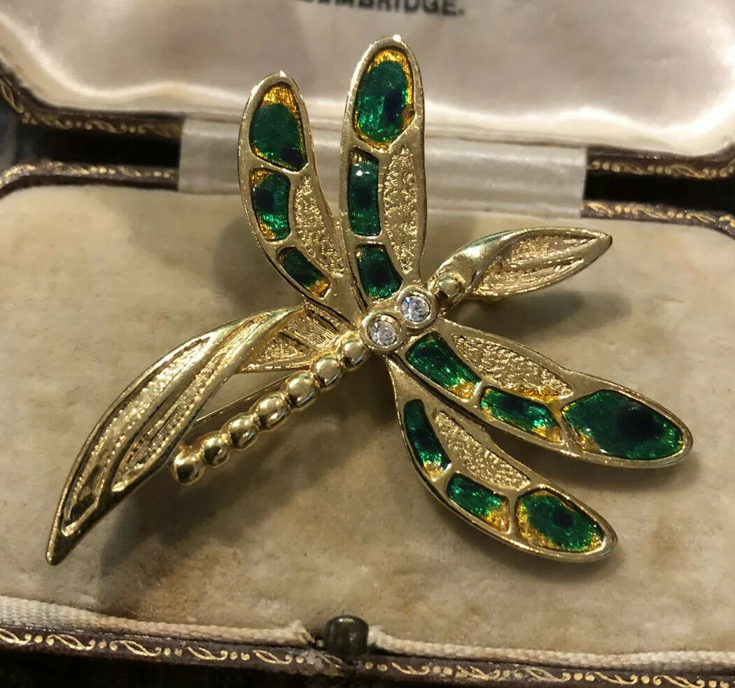 Vintage Gold Tone Diamanté Enamel Dragonfly Brooch