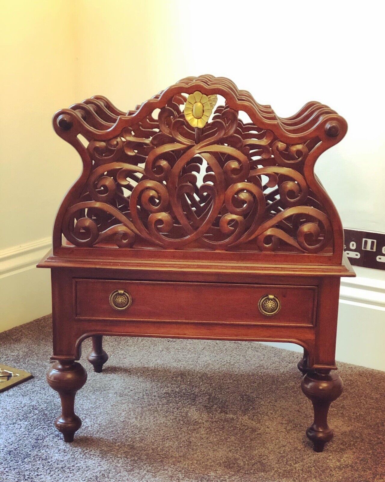 Mahogany Canterbury Magazine Rack With Drawer