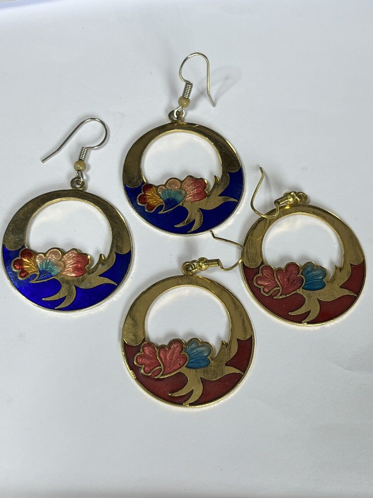 Vintage Enamel Cloisonné Hoop Drop Earrings Set Of Two