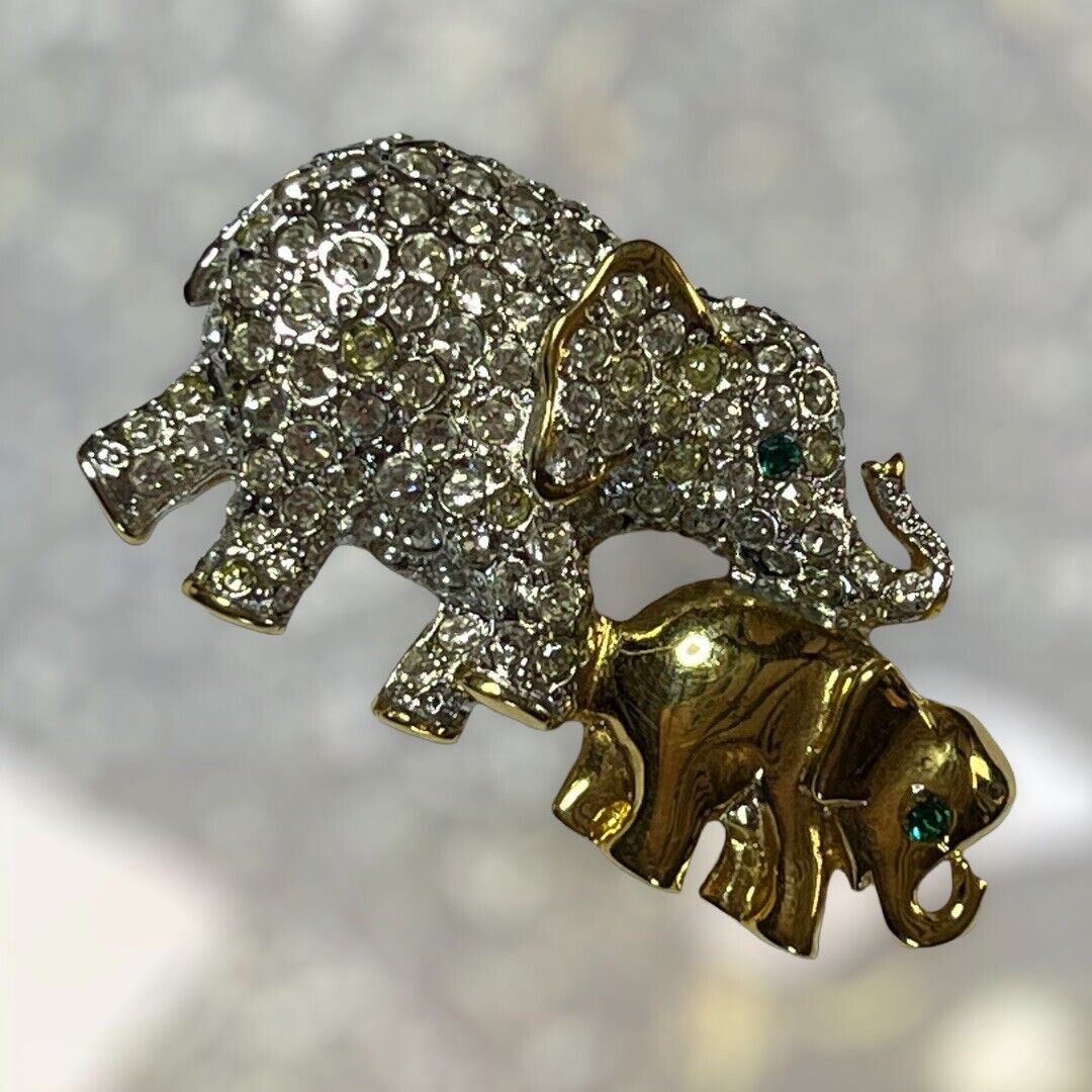 Vintage Gold Tone Diamanté Elephant And Calf Brooch
