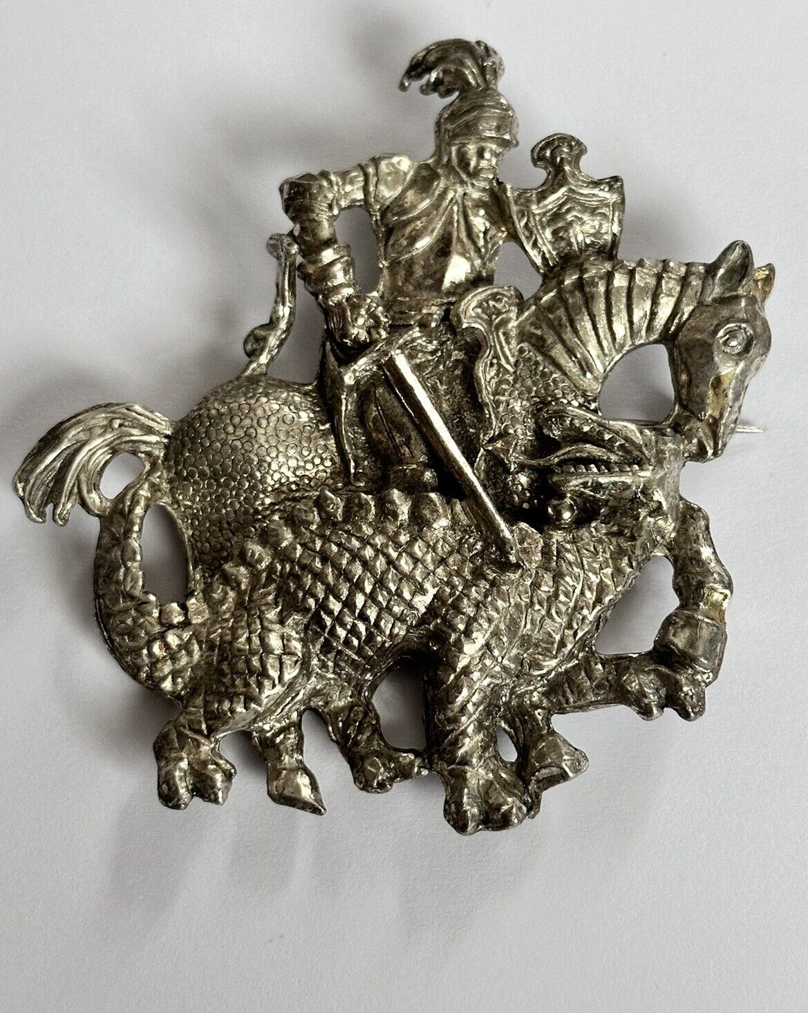 Vintage Silver Tone Knight Dragon Slayer Large Brooch