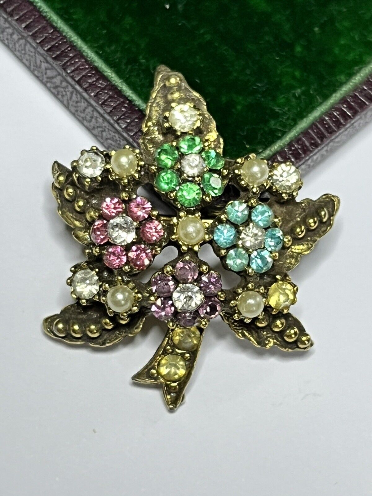 Vintage Leaf Flowers Multicoloured Diamanté Faux Pearl Brooch