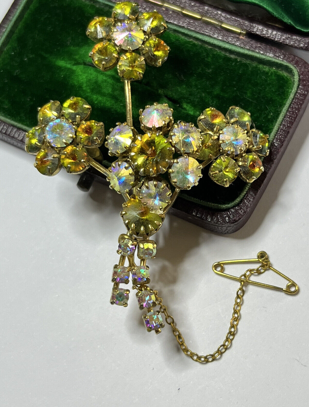 Vintage Aurora Borealis Flower Spray Brooch Safety Chain