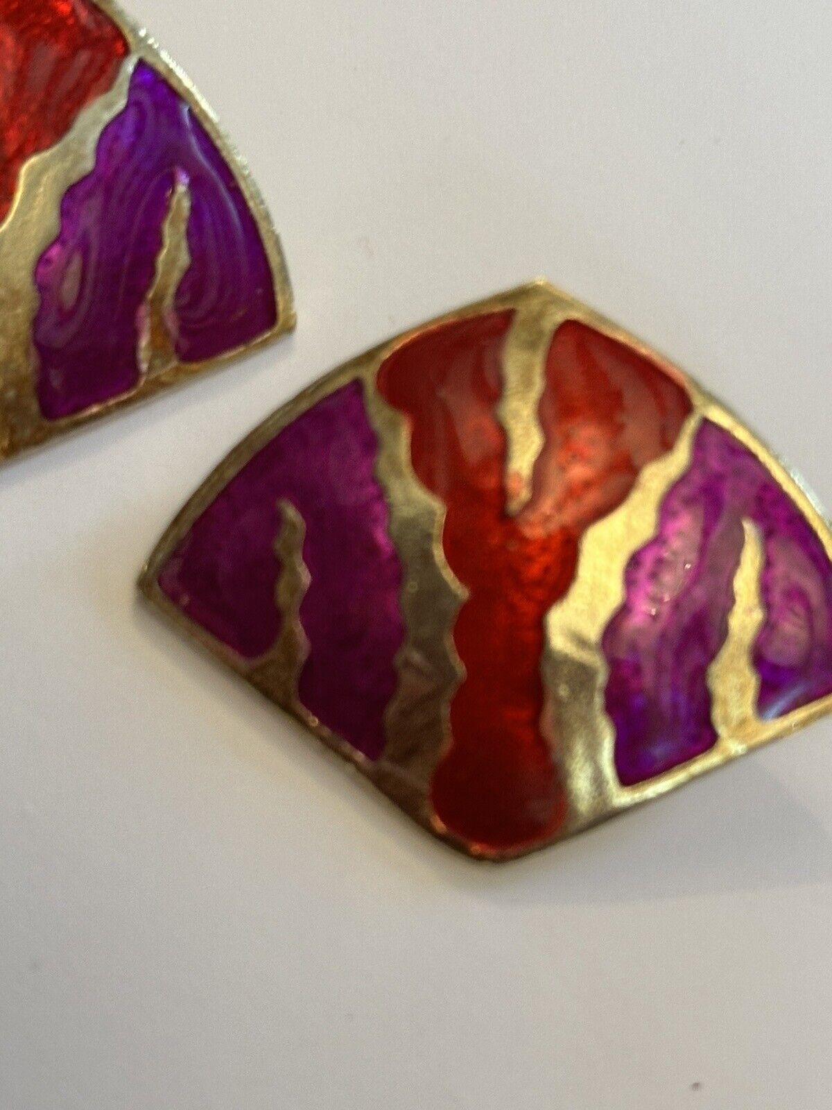 Vintage Gold Tone Red Pink Enamel Statement Earrings