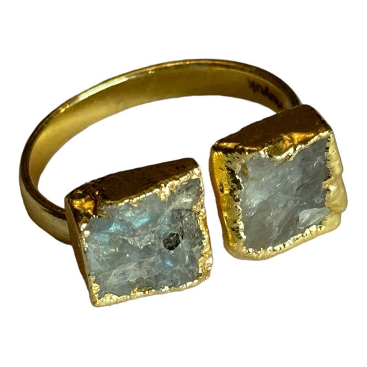 Sefa Huyuk 18k Gold Vermeil Etruscan Raw Grey Rainbow Labradorite Ring
