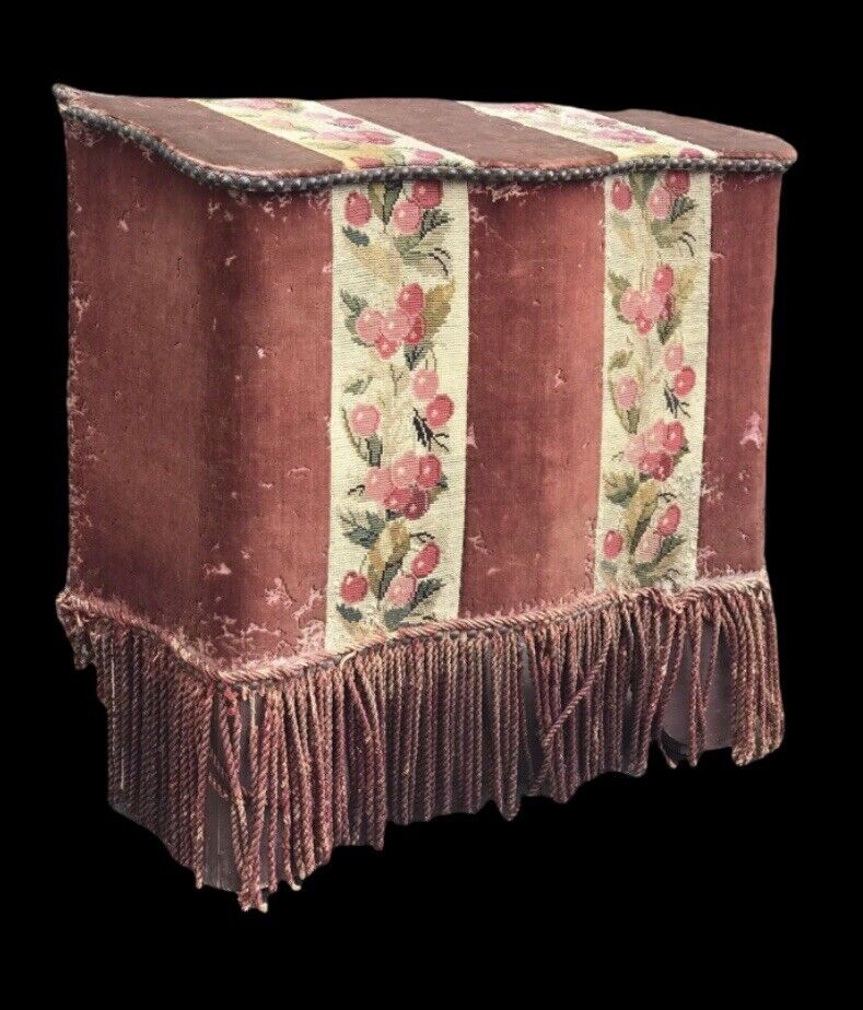 Antique Fireside Log Storage With Original Upholstered Decoration