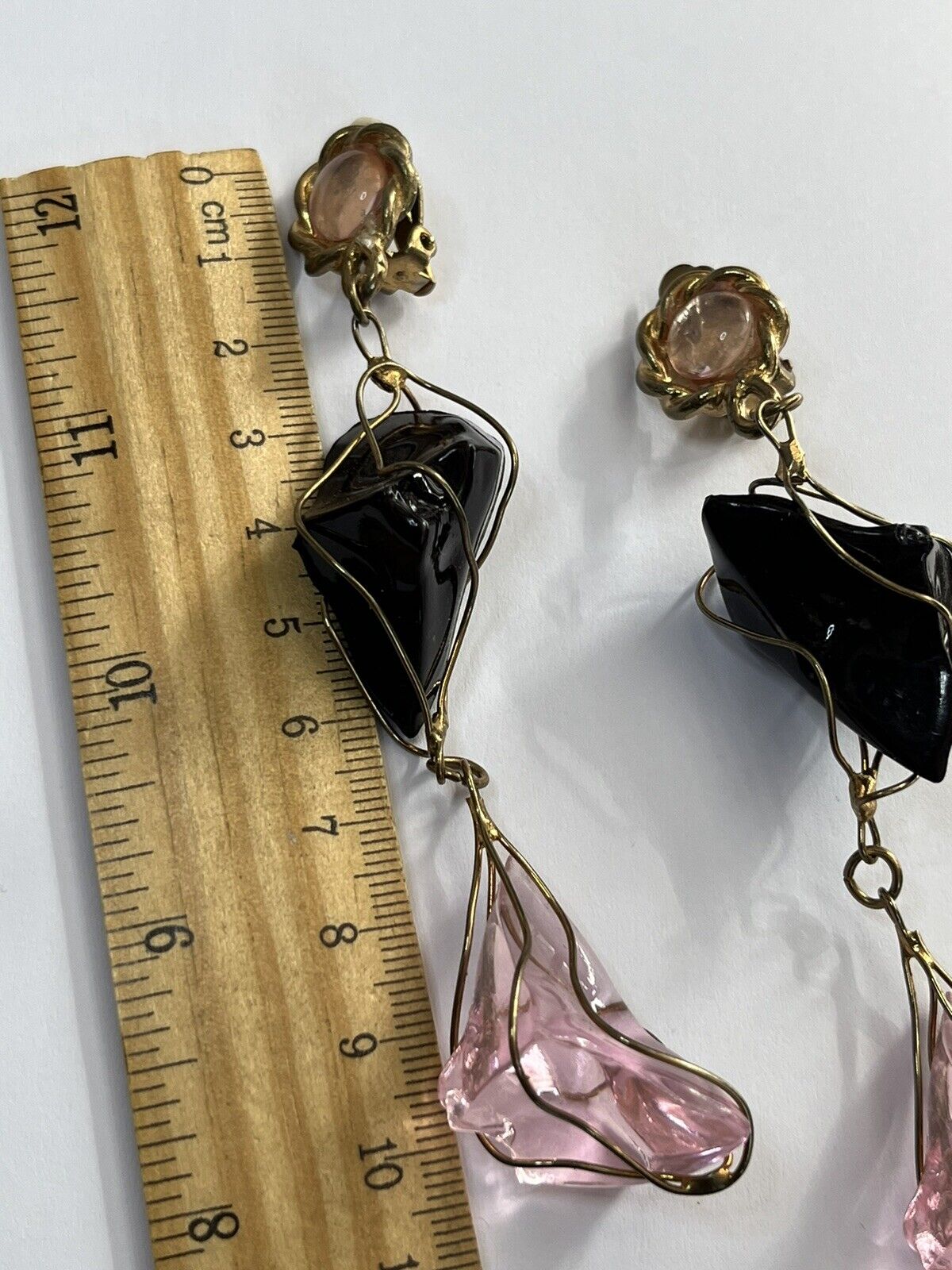 Vintage 1980s Black Pink Acrylic Long Length Statement Earrings