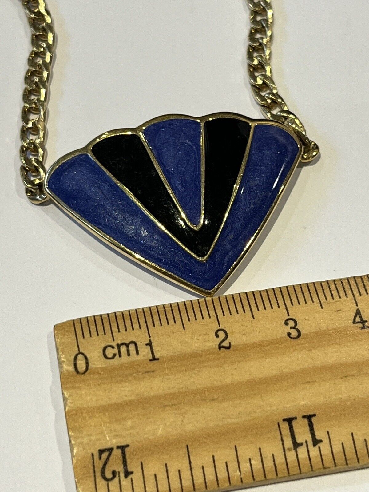 Vintage Gold Plated Blue Black Enamel Signed Necklace