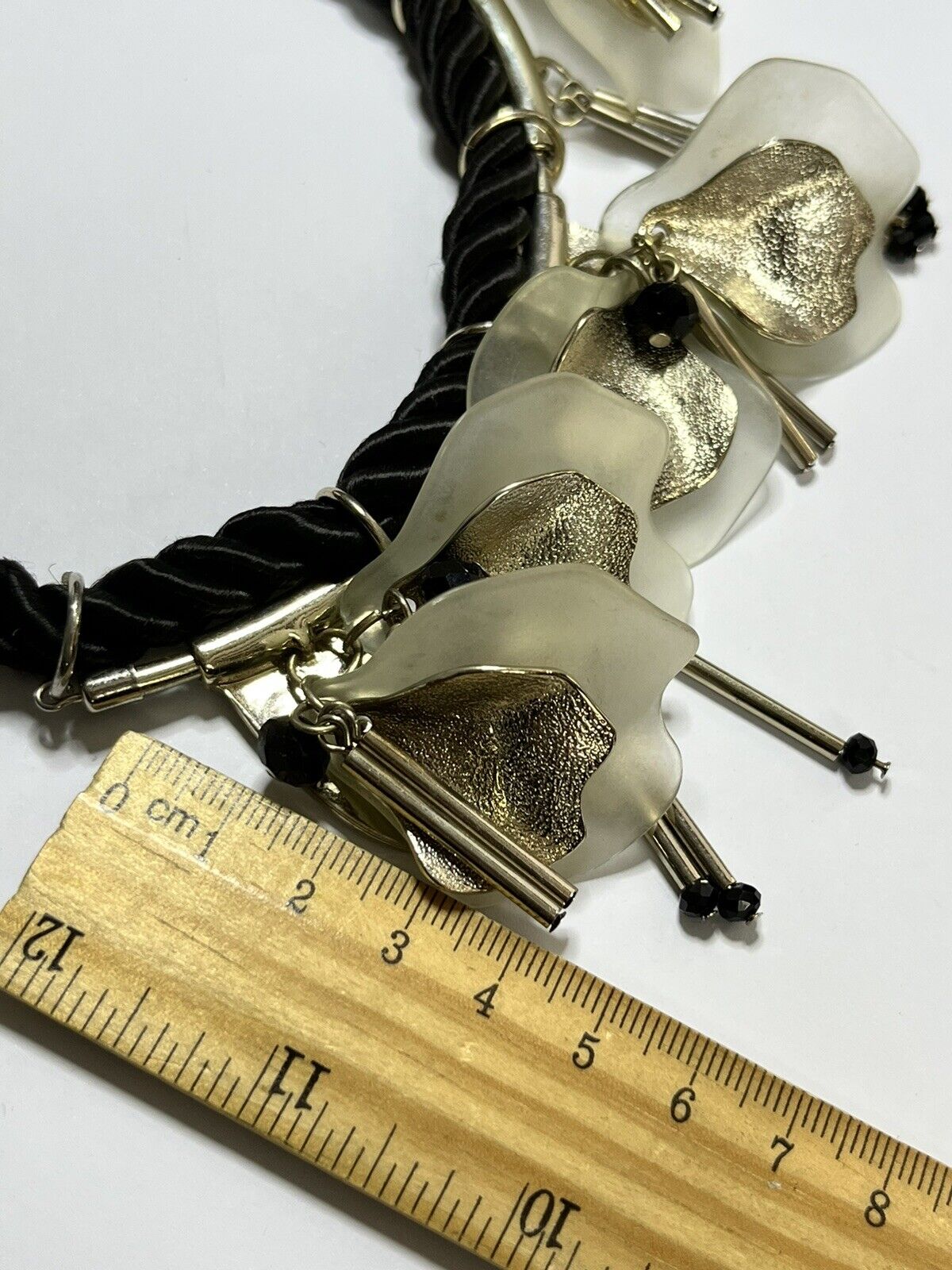 Vintage Glass Flowers Silver Tone Metal Beaded Rope Necklace