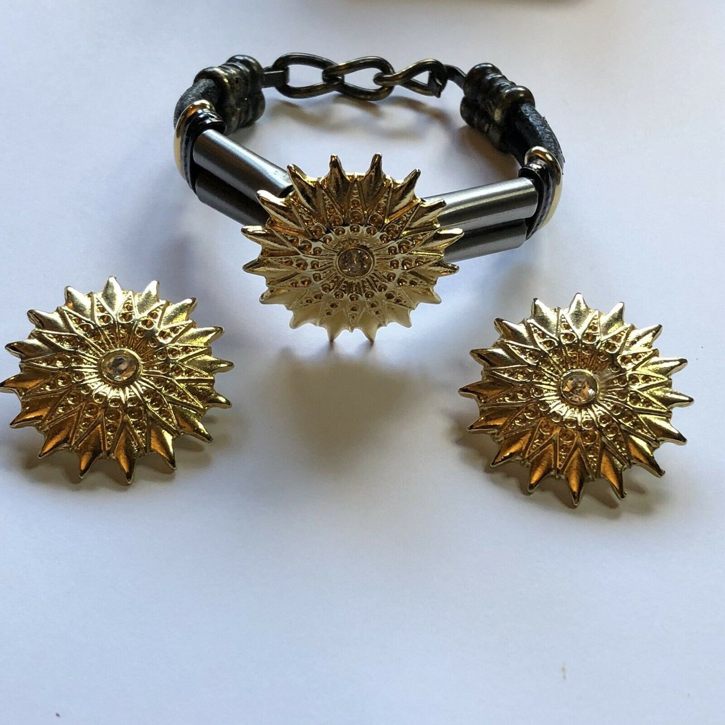Vintage Sunburst Diamanté Gold Tone Leather Bracelet Clip On Earring Set
