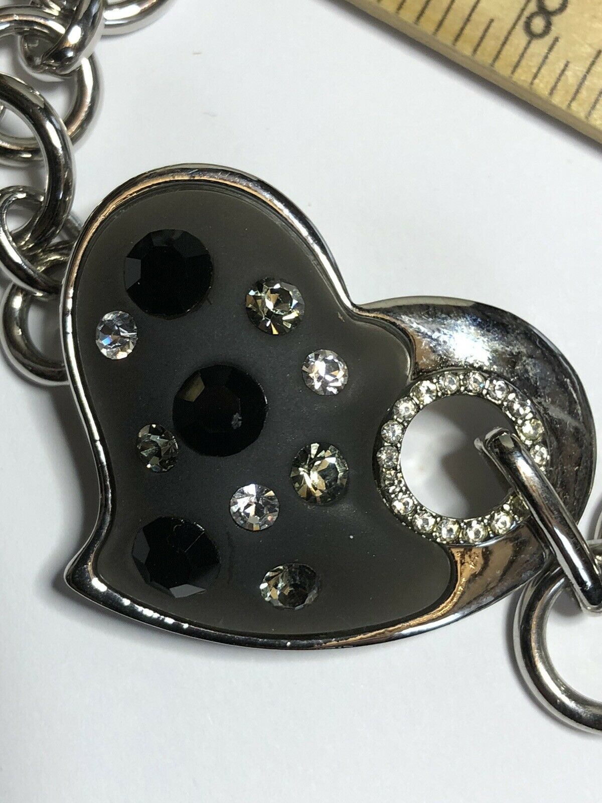 Vintage Silver Tone Glass Heart Diamanté Toggle Bracelet
