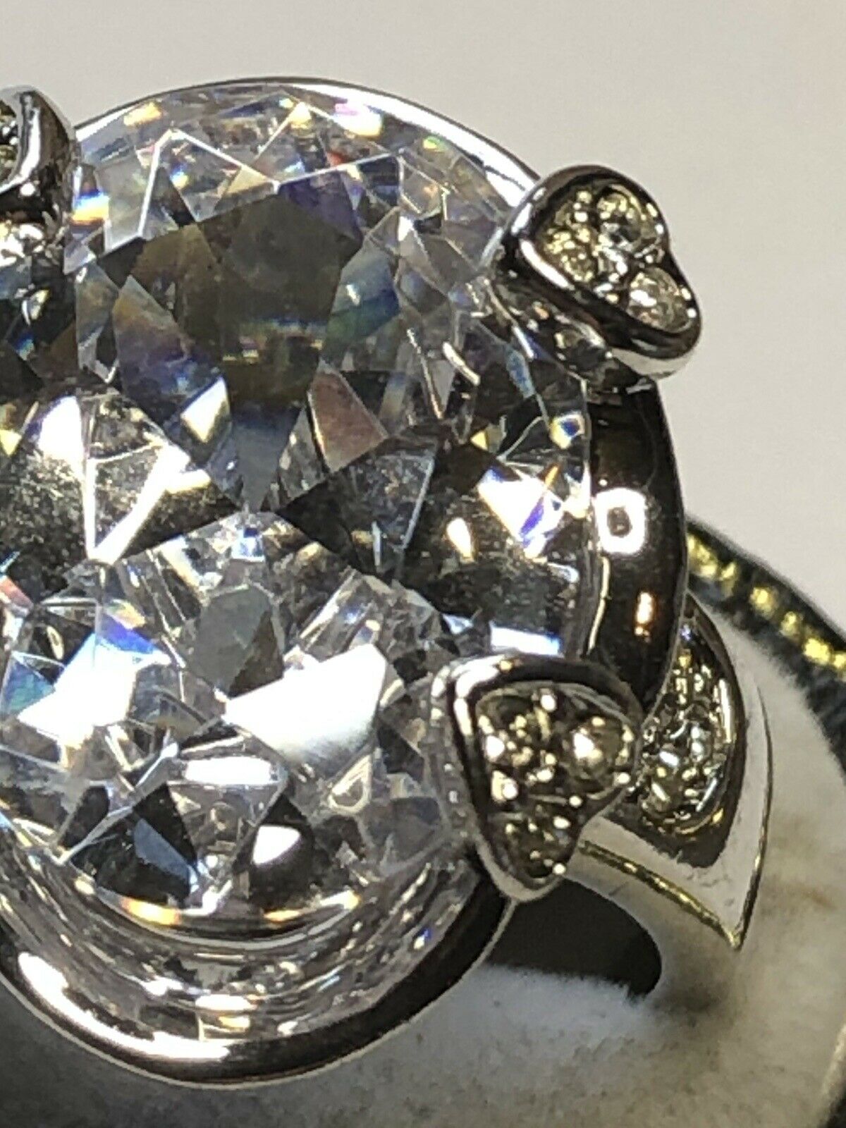 Vintage Rhodium Plated Oval Hearts Cubic Zirconia Statement Ring