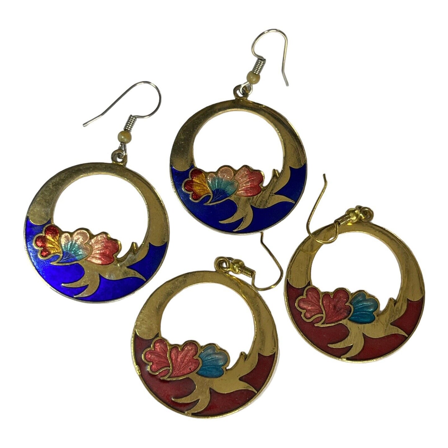 Vintage Enamel Cloisonné Hoop Drop Earrings Set Of Two