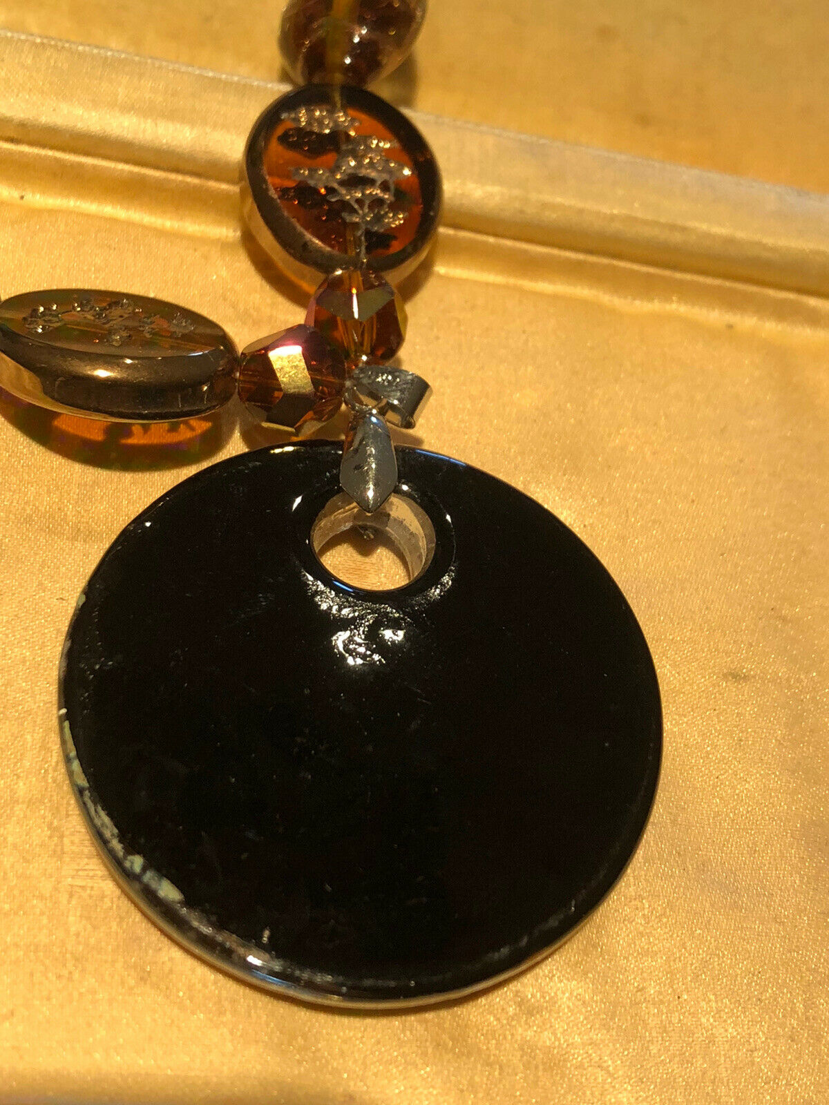 Vintage 1980s Glass Bronze Silver Swirl Statement Beaded Necklace