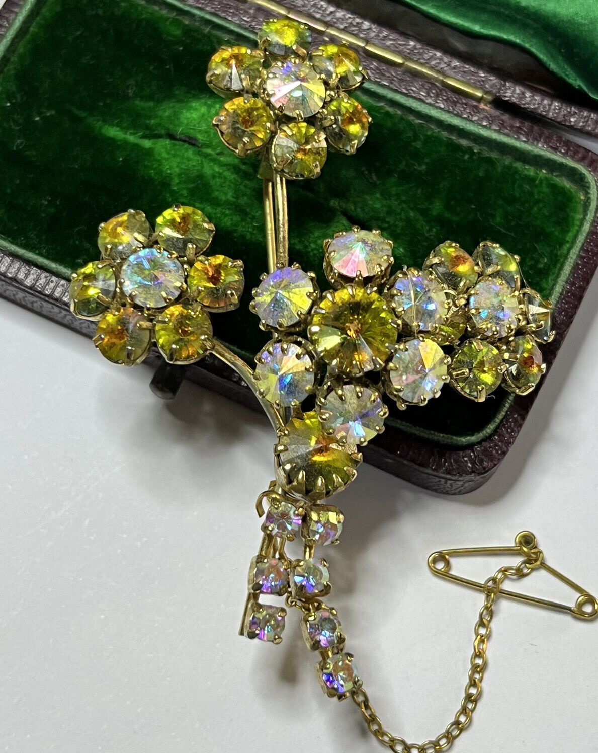 Vintage Aurora Borealis Flower Spray Brooch Safety Chain