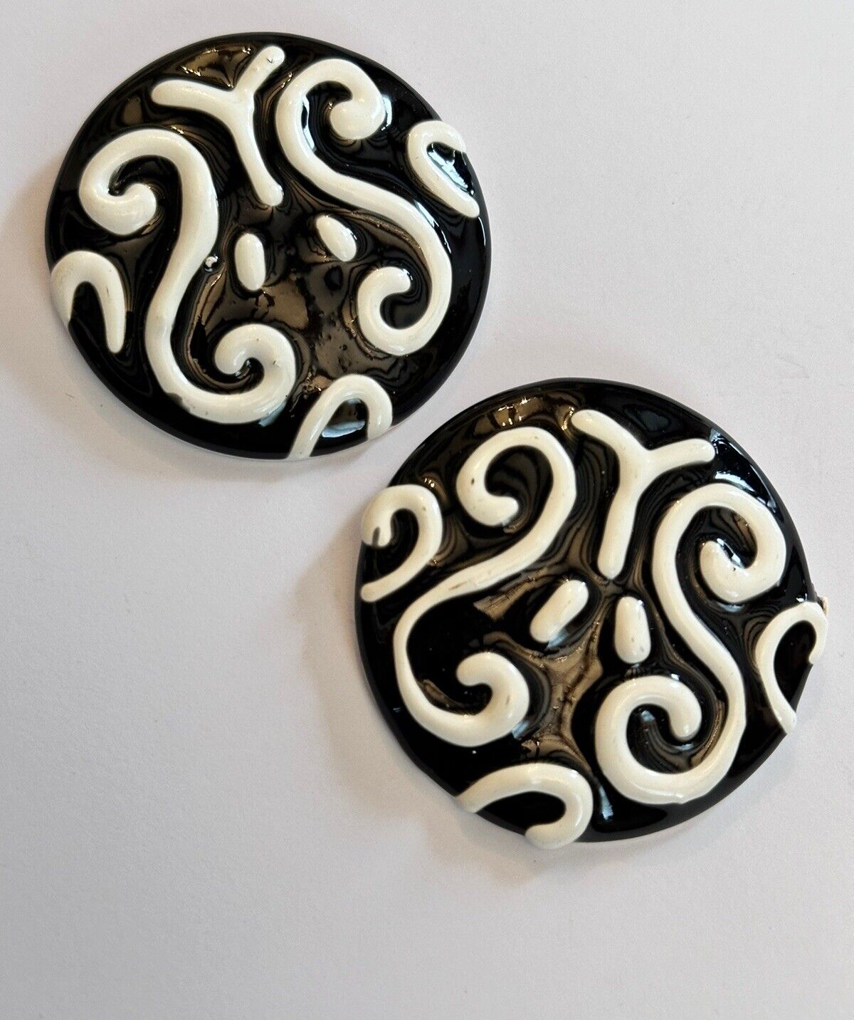 Vintage 1980s Black White Enamel On Metal Large Clip On Earrings