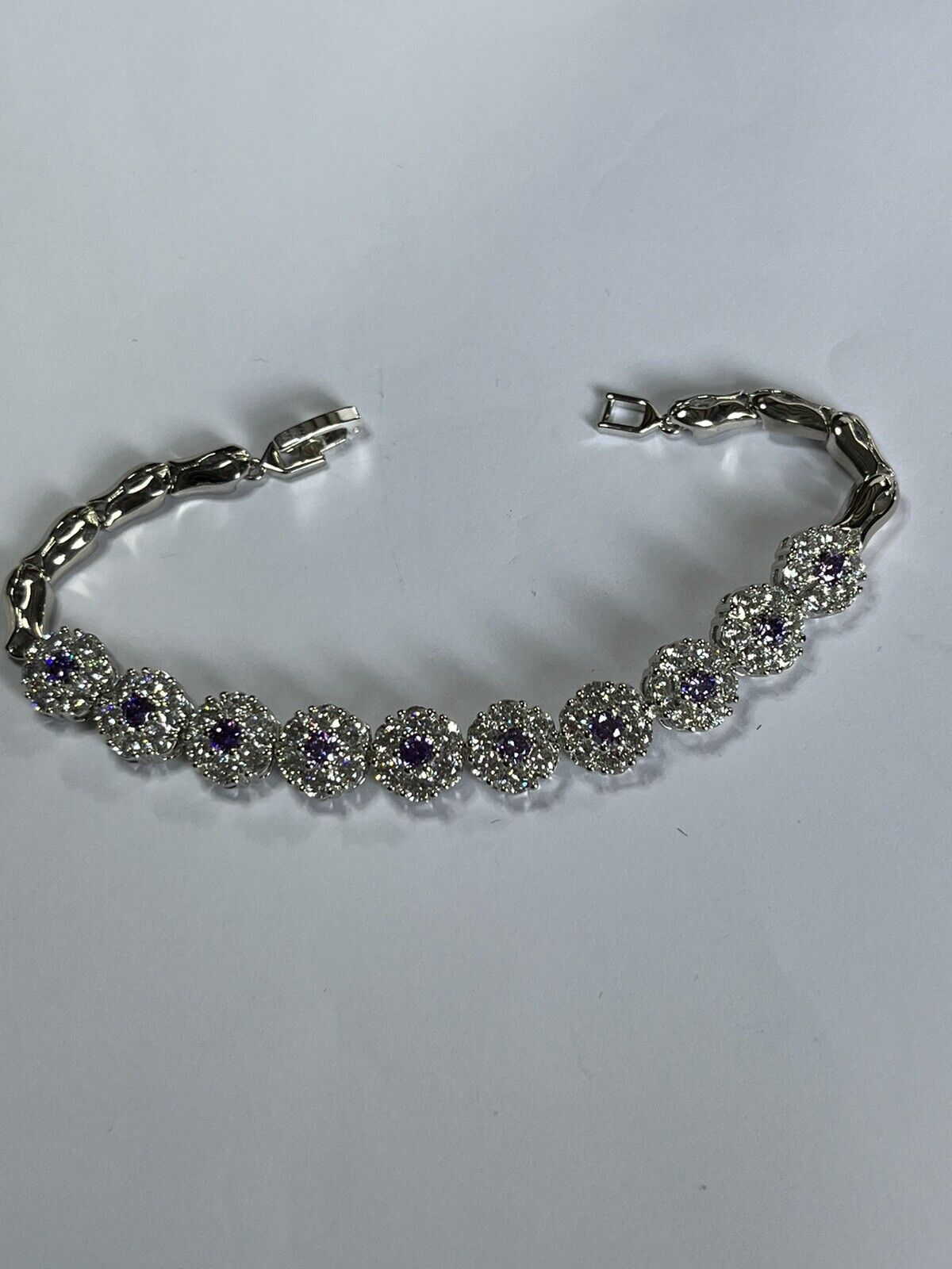 Vintage Rhodium Plated Purple Clear Diamanté Flowers Bracelet New Old Stock