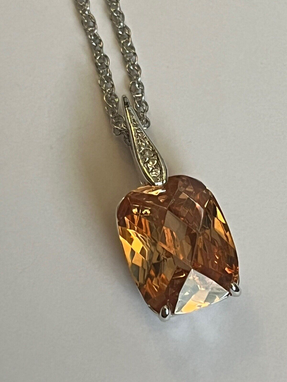 Vintage 1980s Rhodium Plated Solitaire Orange Crystal Necklace New Old Stock